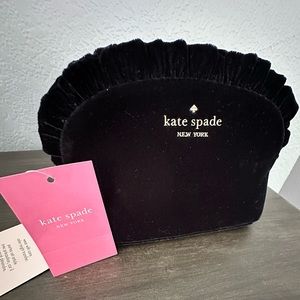Kate Spade black velvet makeup bag with ruffles. NWT